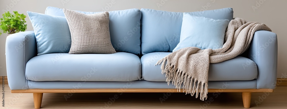 Bright and inviting living room showcases a light blue sofa, wooden coffee table, and a blanket mock-up in a minimalist design