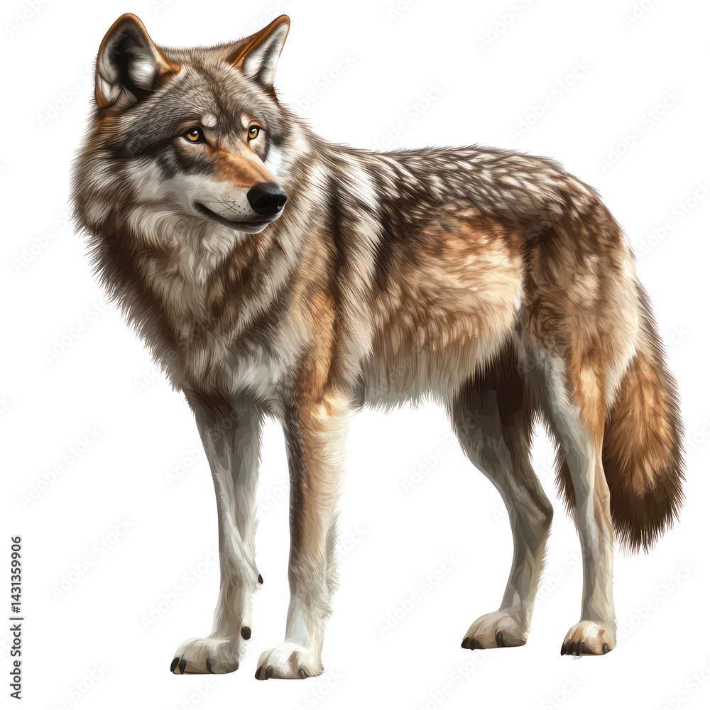 Fototapeta premium Wolf Portrait: A majestic gray wolf with piercing gaze and a thick fur coat stands in a thoughtful pose, showcasing its wild and primal nature. 