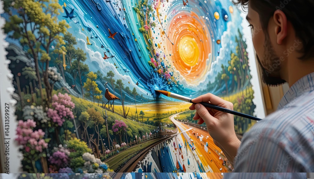 Obraz premium Man Painting a Vibrant Landscape with Animals and Birds