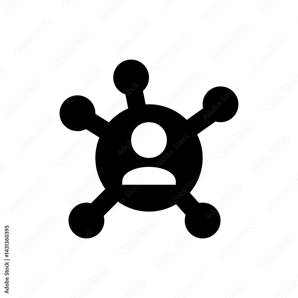 Black network icon with central person symbol and connecting nodes extending outwards in all directions Black network icon with central person symbol and connecting nodes extending outwards in all directions