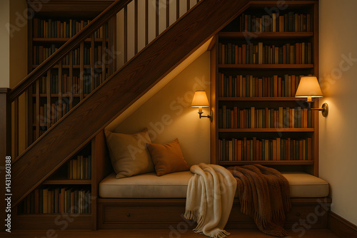 Warm Reading Nook with Cushions and Bookshelves Under Staircase. Traditional Interior with Built In Storage and Cozy Lighting for Comfortable Home Spaces... Home Decor. photo