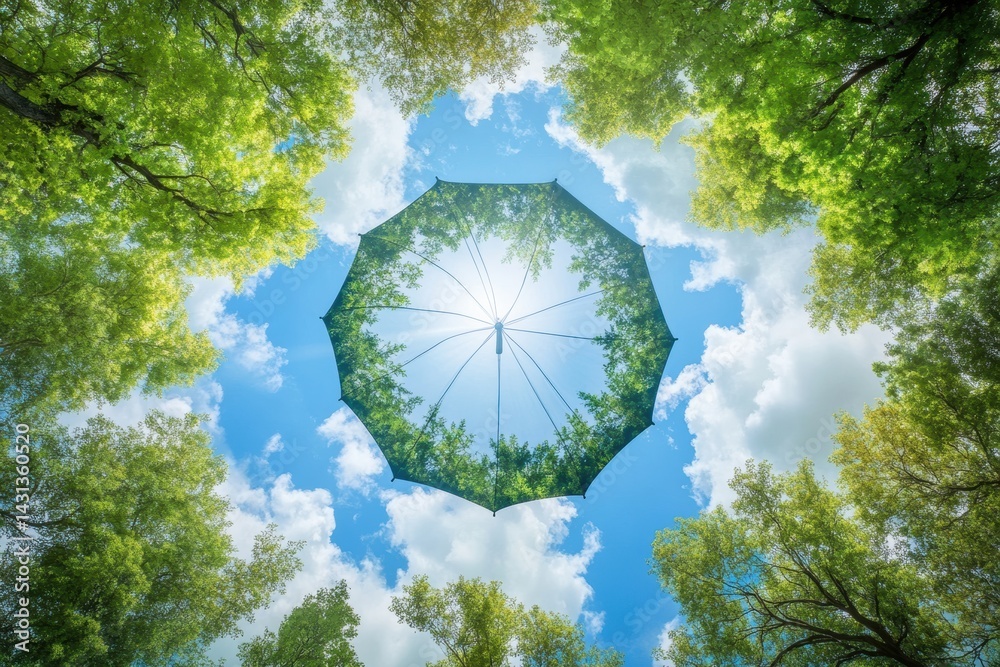 Creative Umbrella Formed by Pine Tree Canopy and Clouds Creating a Unique Sheltering Nature Concept in Peaceful Surroundings Generative AI