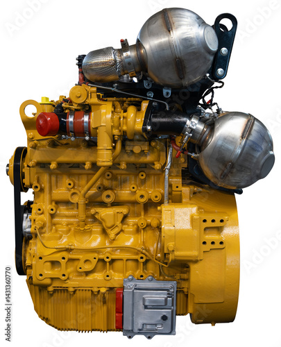 Isolated diesel engine with catalyst and DPF filter. Industrial machine motor.