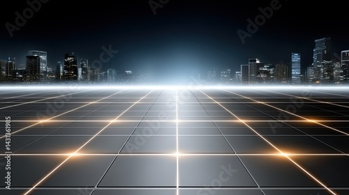 Bright neon lights adorn a city skyline at night, enhanced by grid lines that symbolize data and a tech-driven environment