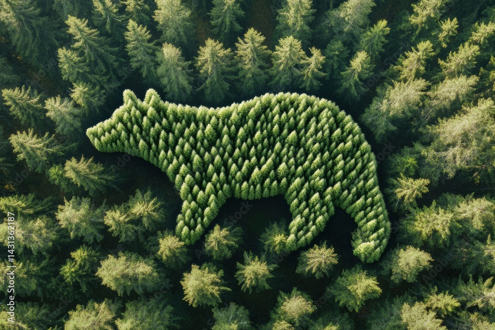 Unique Animal Shape Created by Treetops Viewed From Above, Showcasing an Abstract Connection to Wildlife in a Dense Forest Area Generative AI