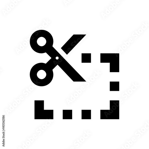Black scissors cutting a dotted square shape, suggesting a cropping or trimming action, isolated on white