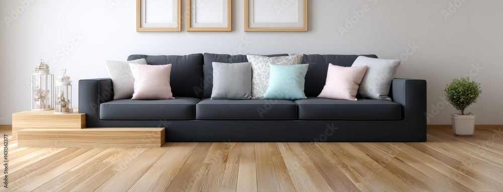 Modern living room highlights a dark blue sofa, wooden floor, and framed art, creating a cozy yet stylish Scandinavian atmosphere