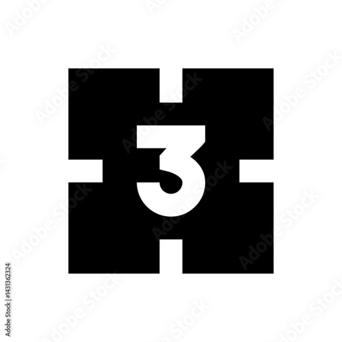Illustration of a white number three centered within a black square with interlocking edge features design