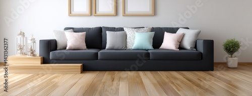 Obraz na płótnie Modern living room highlights a dark blue sofa, wooden floor, and framed art, creating a cozy yet stylish Scandinavian atmosphere w salonie