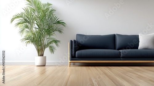 Minimalist Scandinavian living room features a dark blue sofa, wooden flooring, and framed art on a white wall, creating a cozy atmosphere