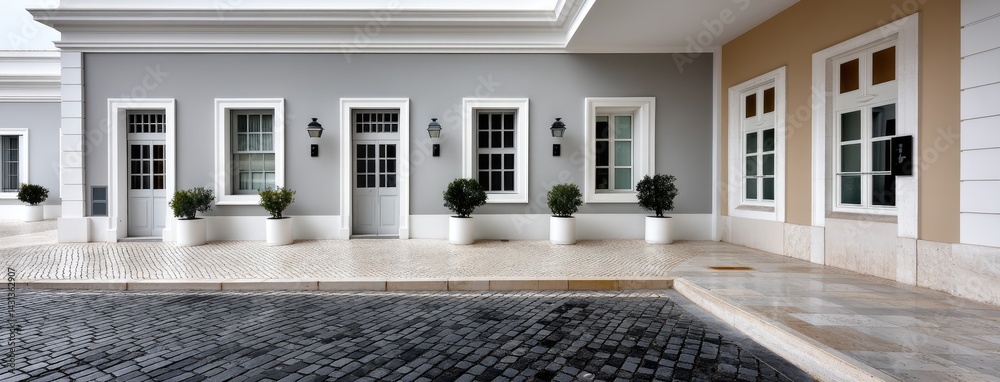 White wall of minimalist building showcases windows along gray street, creating a modern urban architectural perspective