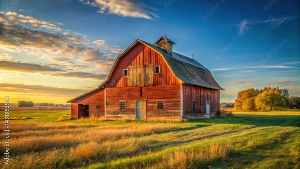 Rustic Barn at Sunset in a Verdant Meadow, Golden Hour Light Illuminates the Weathered Wood Rustic Barn at Sunset in a Verdant Meadow, Golden Hour Light Illuminates the Weathered Wood