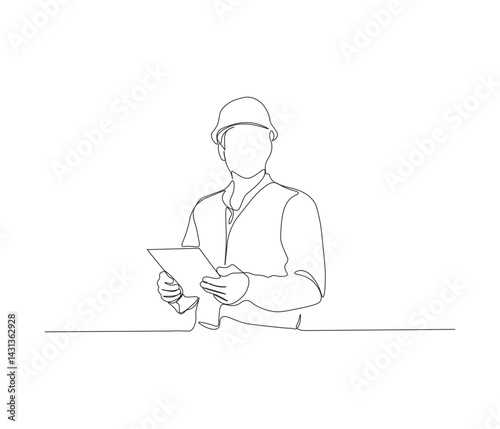 One continuous line drawing of civil engineer or Construction Supervisor looking at blueprint. single line of architect illustration. editable stroke