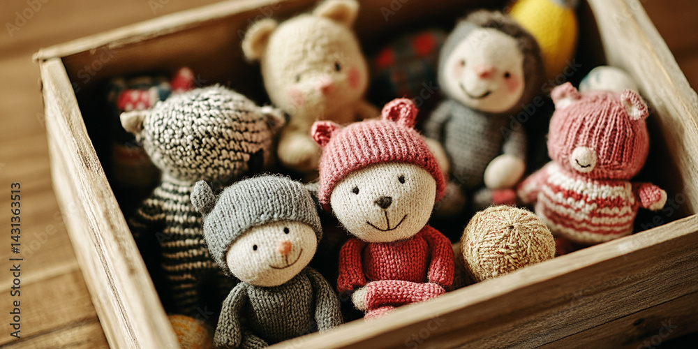 Collection of Adorable Knitted Toy Animals in a Wooden Box