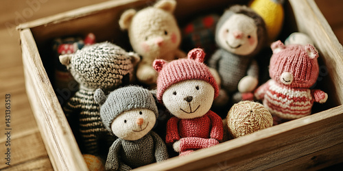 Obraz na płótnie Collection of Adorable Knitted Toy Animals in a Wooden Box w salonie