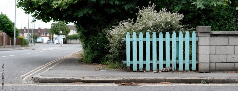 A blue fence stands elegantly next to green cypress trees and decorative pots, enhancing the garden's tranquility and charm