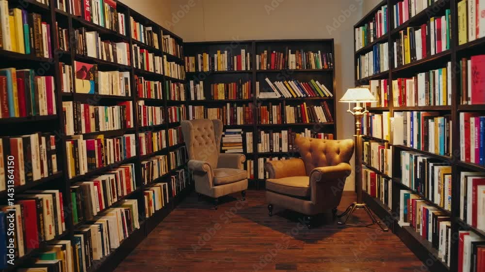 Cozy Bookshop Atmosphere with Simple Seating and Warm Lighting Cozy Bookshop Atmosphere with Simple Seating and Warm Lighting