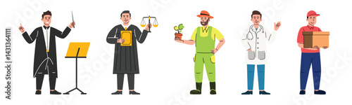 Illustrations of various professions including music conductor, judge, farmer, doctor, and courier in colorful vector art style.