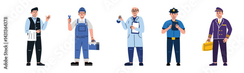 A set of diverse professionals: waiter, mechanic, scientist, policeman, and pilot, all in cartoon style, showcasing various occupations.