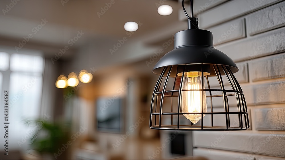 Close-up of a black geometric light fixture radiating warm light in a stylish apartment, adding charm to the cozy interior