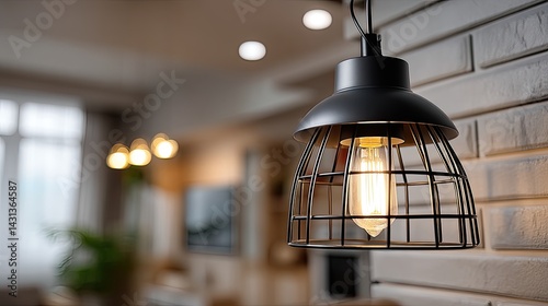 Obraz na płótnie Close-up of a black geometric light fixture radiating warm light in a stylish apartment, adding charm to the cozy interior w salonie