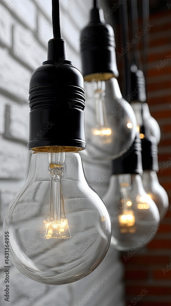 Hanging light bulbs illuminate a stylish industrial interior, offering a warm and inviting atmosphere against a white brick backdrop
