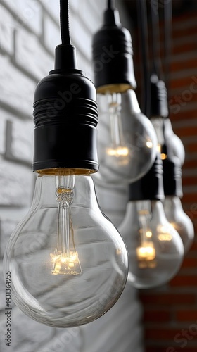 Hanging light bulbs illuminate a stylish industrial interior, offering a warm and inviting atmosphere against a white brick backdrop