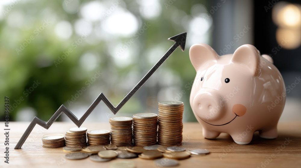 A pink piggy bank is positioned next to stacked coins, illustrating financial growth with a rising stock market graph in the background