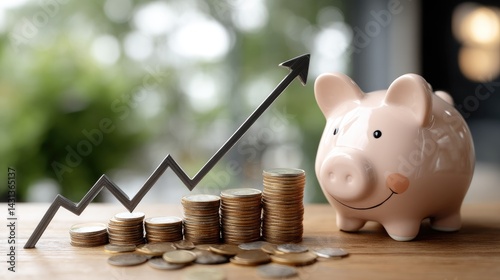 Obraz na płótnie A pink piggy bank is positioned next to stacked coins, illustrating financial growth with a rising stock market graph in the background w salonie