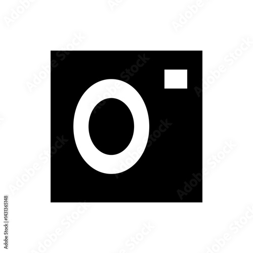 Black camera icon with a white lens and a white square flash in the upper right corner design image