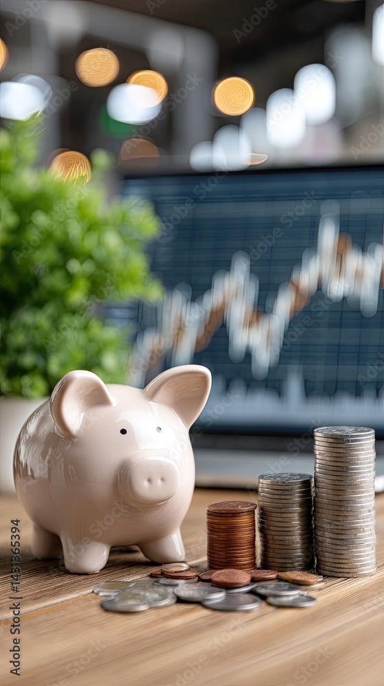 A pink piggy bank is positioned next to stacked coins, illustrating financial growth with a rising stock market graph in the background
