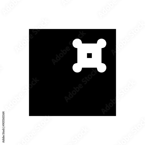 Black square with a white geometric shape featuring circles and a smaller square in the upper right corner