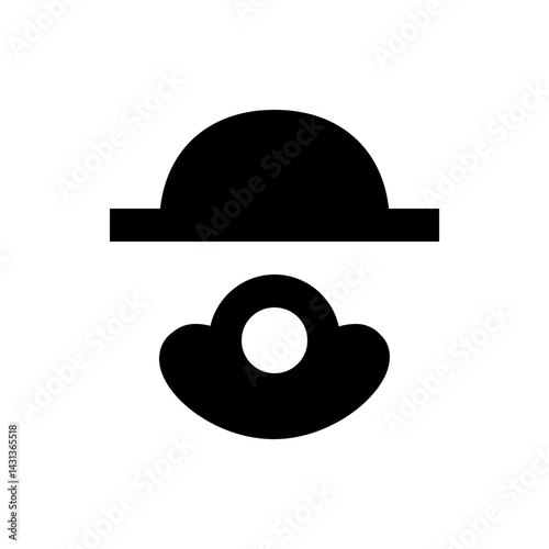 Abstract black and white design featuring a rounded shape above an eye like form with a circular detail, simple design
