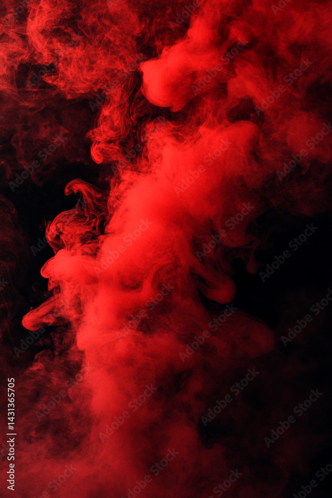 Fototapeta premium Swirling red smoke or mist with suspended particles, creating an ethereal, dynamic, and captivating visual effect against a dark atmospheric background.