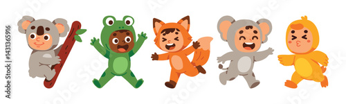Cheerful kids wearing cartoon animal costumes such as koala, frog, fox, mouse and duck. Children are happily playing in the event.