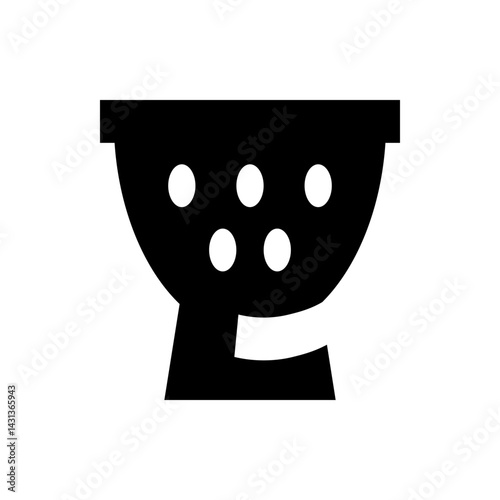 Illustration of a black colander with white holes used for draining pasta and vegetables in the kitchen