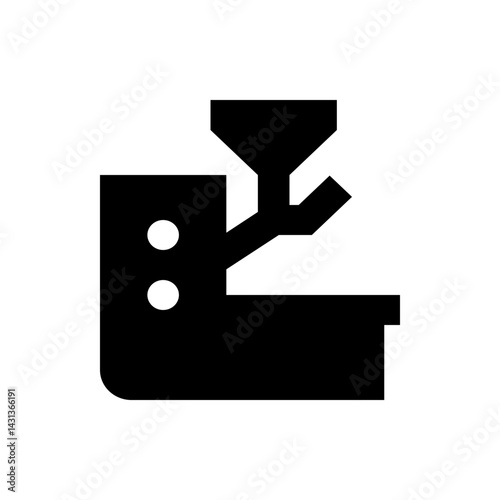 Illustration of a black foundry casting machine with two circular details and geometric shapes design