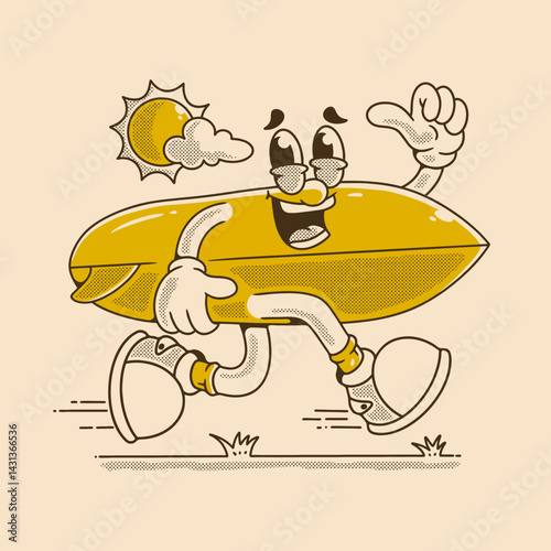 Happy Surfboard Character Running Under The Sunlight