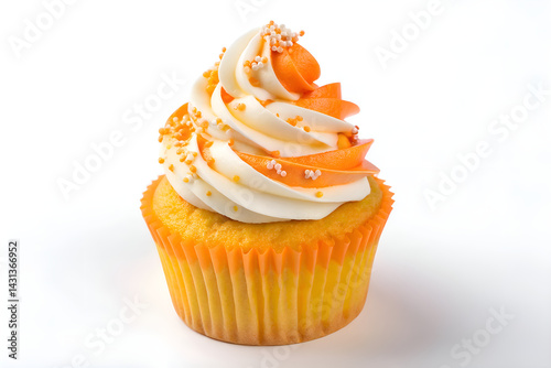 A delicious pink cupcake, a sweet baked dessert with vanilla cream and chocolate frosting sprinkles, perfect for a birthday party celebration.
