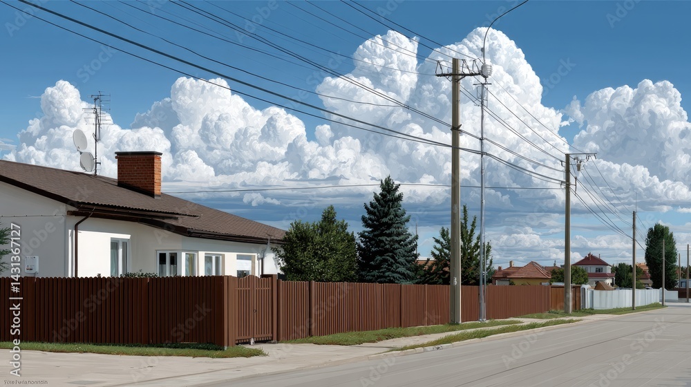 A quaint house with a wooden fence stands beside the road in a Ukrainian village amid lush greenery on a bright sunny day
