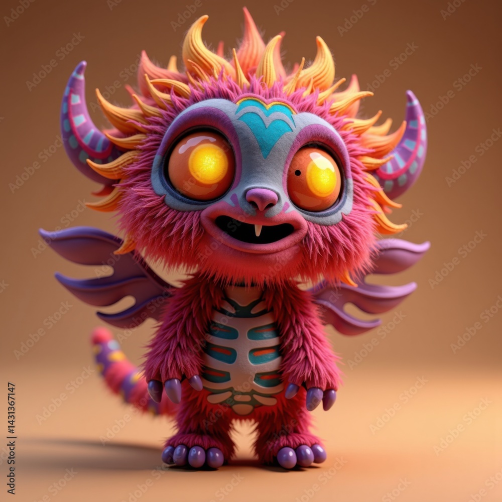 Naklejka premium A colorful, cartoonish creature with large eyes and spiky fur, combining whimsical features and vibrant colors, evoking a sense of playfulness and fantasy.