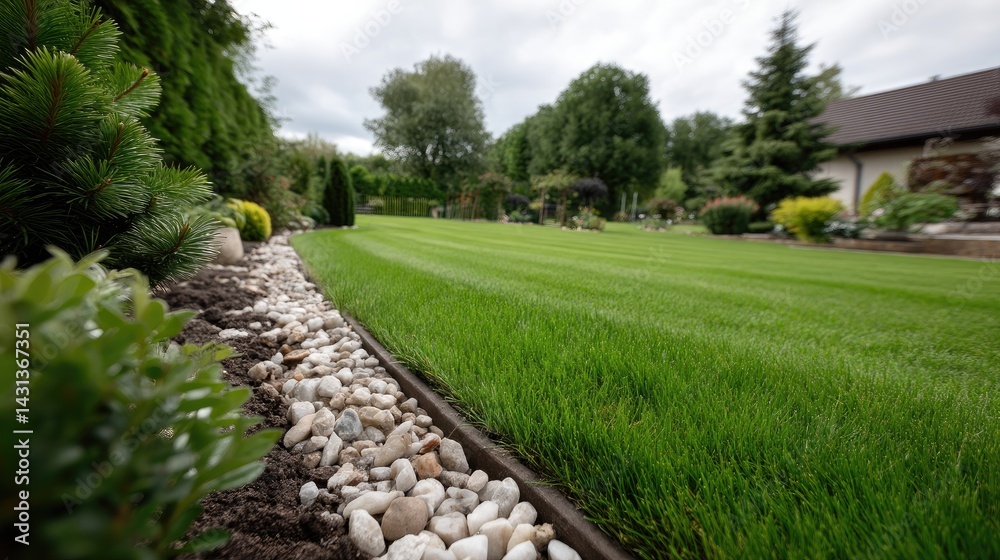 Experience a tranquil ornamental garden featuring a vibrant lawn, elegant bushes, and tall trees in a peaceful atmosphere