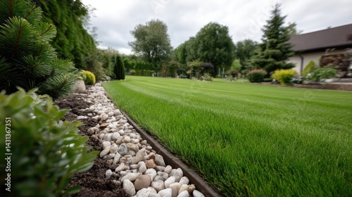 Obraz na płótnie Experience a tranquil ornamental garden featuring a vibrant lawn, elegant bushes, and tall trees in a peaceful atmosphere w salonie