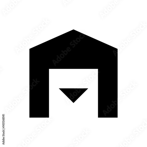 Black geometric shape resembling a house with an inverted triangle inside the open area at the bottom