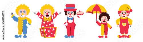 A delightful collection of cartoon clowns, each with unique characteristics, poised for a fun-filled circus performance or a lively party.