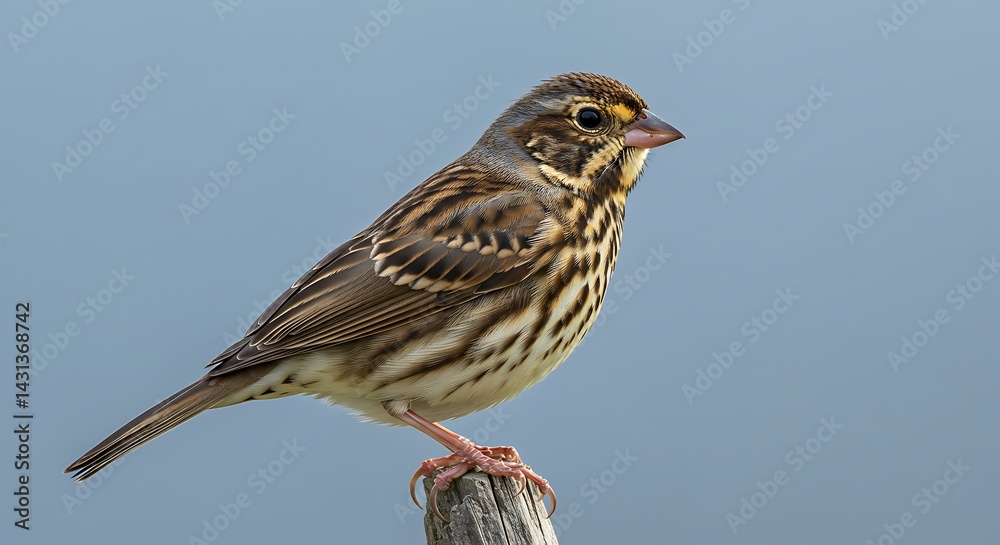 Fototapeta premium Portrait of a song sparrow perched on a wooden post in a natural setting