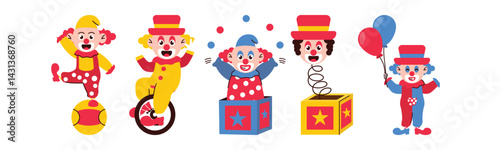 A group of cartoon clowns in various poses and activities, including balancing on a ball, riding a unicycle, popping out of a box, and holding balloons, representing a cheerful and festive circus scen