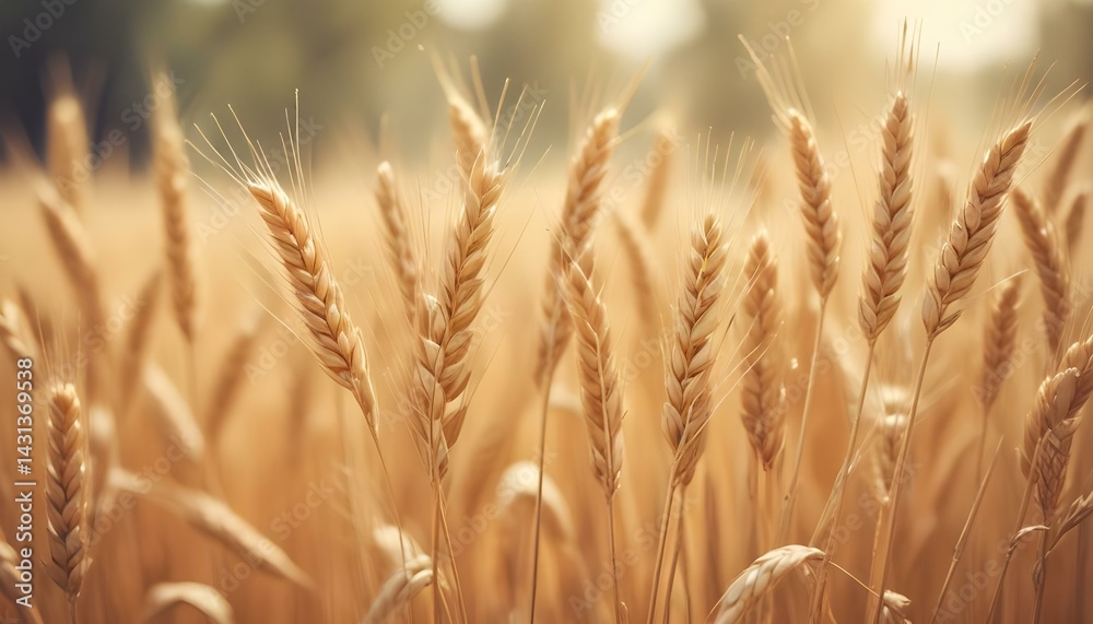 Obraz premium Close-up view of a golden wheat field swaying gently in the sun's warm embrace.
