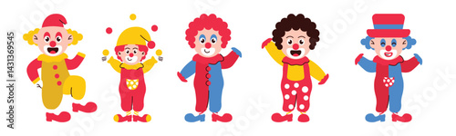 Cheerful cartoon illustration showcasing a group of clowns in vibrant costumes, perfect for adding a playful touch to any project.