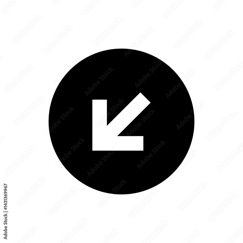 White arrow pointing diagonally down and left inside a black circle on a white background vector icon White arrow pointing diagonally down and left inside a black circle on a white background vector icon